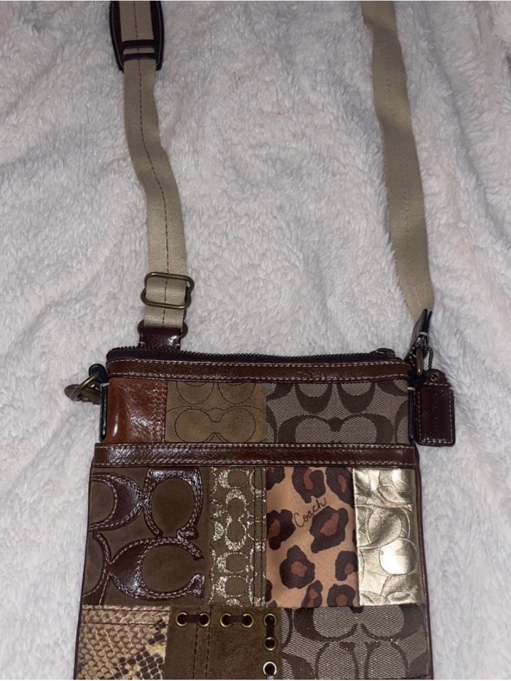 Coach Brown Patchwork Signature Crossbody with Metallic Accent